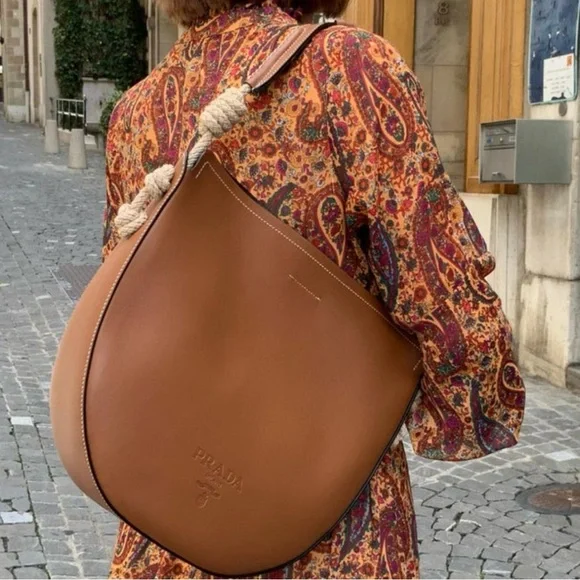 PRADA Leather Brown Shoulder Handbag with Braided Strap - Picture 1 of 16